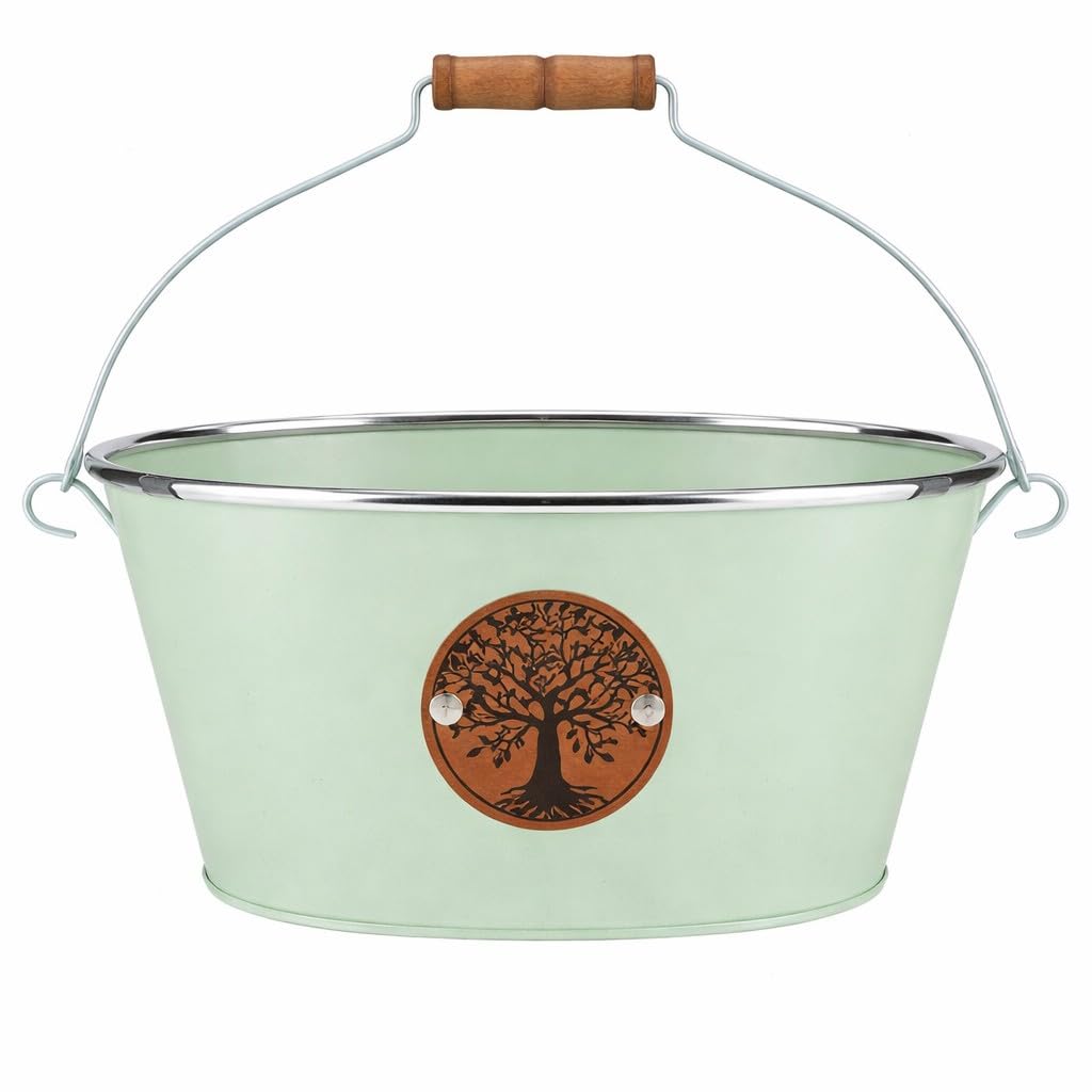 Quickdraw Supplies Metal Plant Pot Indoor Outdoor Planter Oval Herb Flower Garden Window Box with Handle – Steel Decorative Bucket Planter with Wooden Grip, Tree of Life Design 22cm (Sage Green)