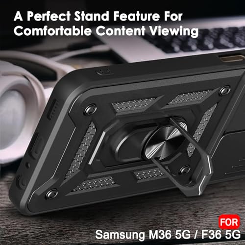 Image of TheGiftKart Tough Armor Bumper Back Cover Case for Samsung Galaxy M36 5G / F36 5G | Sliding Camera Cover, Kickstand & Ring Holder | 360 Degree Protection Back Case Cover (PC & TPU, Black)