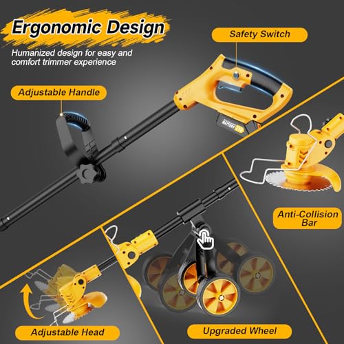 Image of Electric Weed Wacker Cordless with Wheels,Electric Weed Eater Battery Powered 4000mAh,4 in 1 Grass Trimmer /Brush Cutter /Grass Edger /Tiller for Gardening & Lawn with Blade, 2 Battery