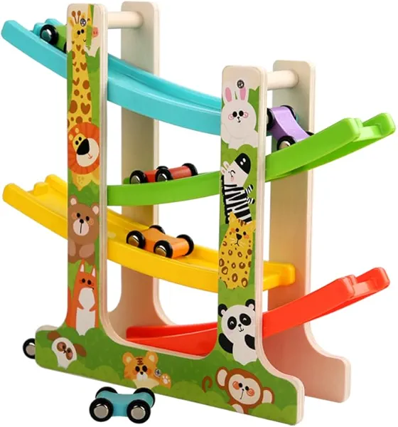 Wooden Car Ramp Toy for 1 2 3 Year Old Boys and Girls 4 Level Toddler Race Track with 8 Mini Cars Garage - Montessori Toys for 1-3 Year Old Christmas Birthday Gifts