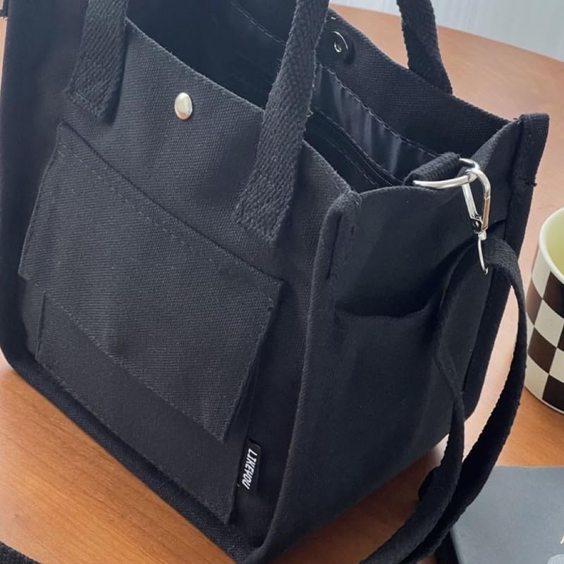 Bolso tote de lona versátil, bolso grande de hombro con múltiples bolsillos y correa desmontable, bordes pintados, material duradero, negro miniatura 6