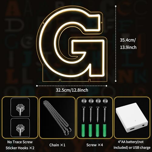 Image of Light Up Letters G, Led Marquee Letter Lights Neon Sign, 13.9 inch Height Decorative Lighted Alphabet Number, Battery /USB Powered Led Letters Lights for Wedding, Birthday, Party, Christmas or Home Decor