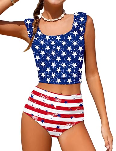 Image of Girls Tankini Swimsuit 2 Piece Bathing Suit Twist Cross Back Cutout Swim Tank Top Floral Print Swimwear for 7-18Y