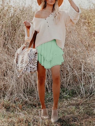 Image of Aoudery Flowy Shorts for Women Casual Boho Ruffle Tiered Skorts High Waist Mini Skirts Golf Tennis Crochet Shorts