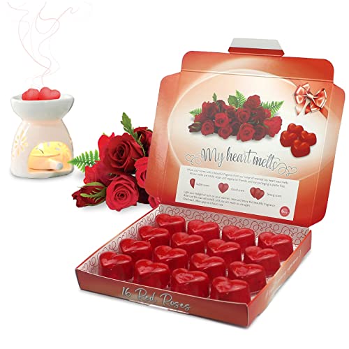Red Roses Wax Melts: 16 x 5 g Heart Shaped Valentines Gifts for Her or Him Vegan Friendly, Romantic Anniversary Presents
