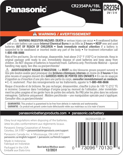 Image of Panasonic CR2354 3.0 Volt Long Lasting Lithium Coin Cell Batteries in Child Resistant, Standards Based Packaging, 1-Battery Pack