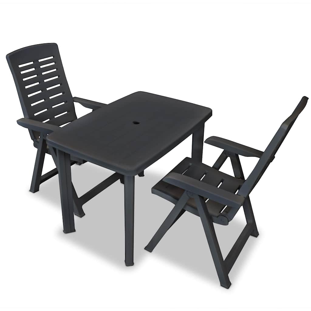 Set Mesa Y Sillas Jardin 3 Piezas Plastico Gris Antracita | Respaldo Reclinable 4 Posiciones, Plegable Ligero, Agujero Para Sombrilla, Max 110 Kg Por Asiento