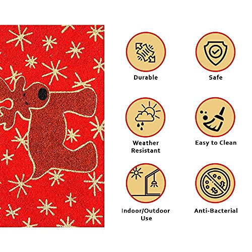 Image of Onlymat Christmas Coir Doormat with Non-Slip PVC Backing for Gateway, Entryway, Outdoor, Indoor, Patio - Durable and Large, Weatherproof Multicolour, Reindeer Printed Rug (60cm x 1.5cm x 40 cm)