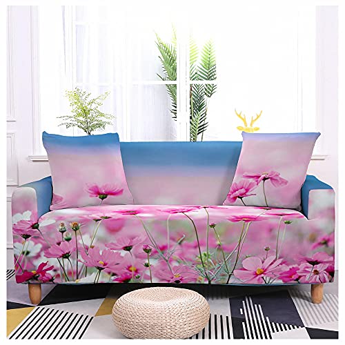 Housse de canapé extensible 4 places motif fleurs roses salon - 2