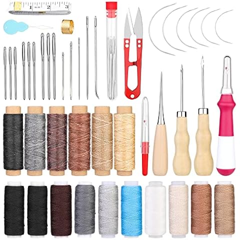 46Pcs Leather Sewing Upholstery Repair Kit with 10 Colors Sewing Thread, Waxed Thread, Leather Sewing Needles, Awl, Scissors, Thimble, and Tape Measure for Beginners and Professionals Leather Craft Cover