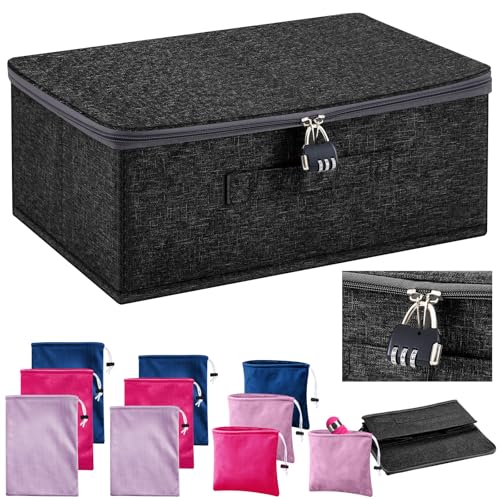 Discreet Lockable Adult Toy Bag Storage Organizer with 9 Pcs Toy Storage Drawstring Bags Organizer for Women and Men 3 Sizes 15 x 10 x 6.3 Inches Lockable Box Travel Container(Black)