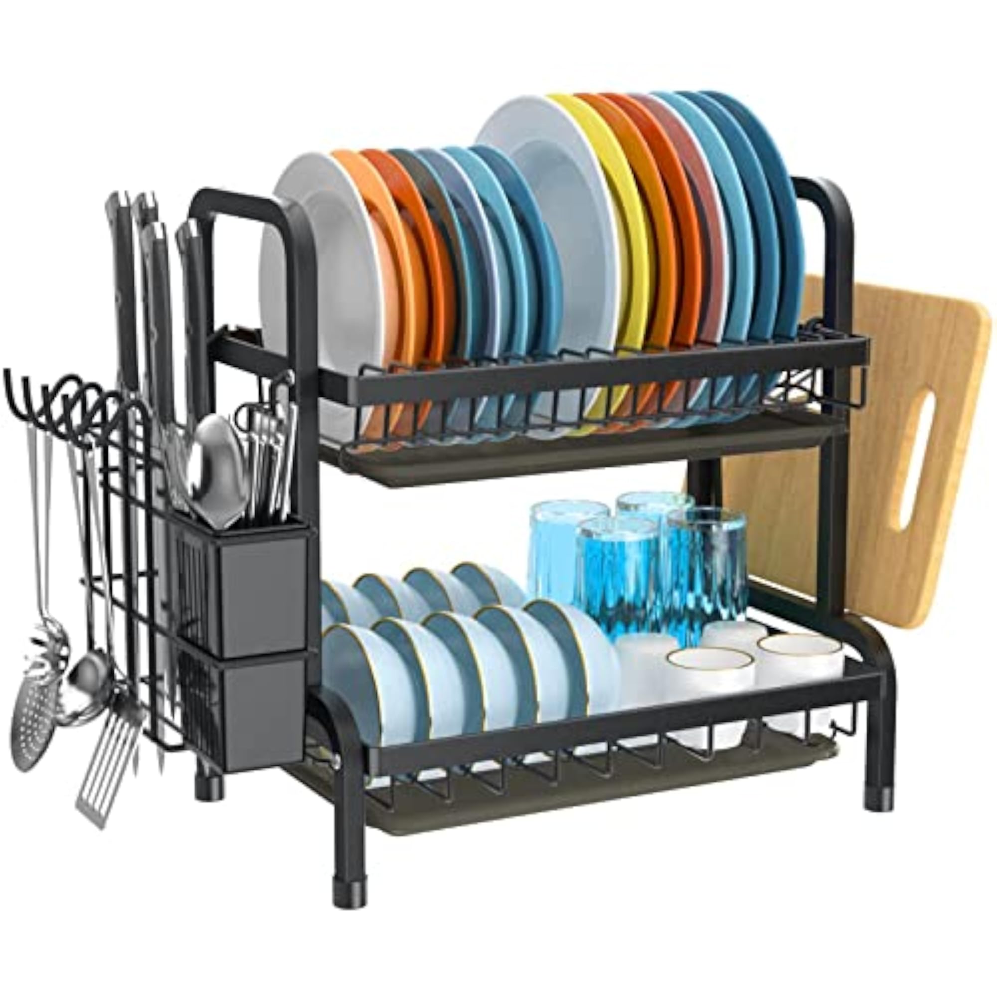 2-Tier Black Stainless Steel Dish Rack Drainer with Tray