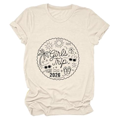 GAQEUWR Girls Trip 2026 Shirt for Women, Casual Funny Graphic Tees O Neck Summer Vacation Short Sleeve Tees Tops Beige