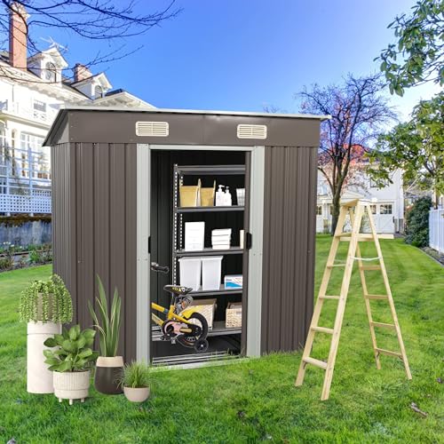 6X4-FT-Outdoor-Storage-Shed-Waterproof-Metal-Garden-Sheds-with-Lockable-Door-Steel-Tool-Storage-Buildings-Shed-Outdoor-Storage-House-for-Garden-Backyard-Patio-Lawn-Trash-CansGray 6X4 FT Outdoor Storage Shed Waterproof Metal Garden Sheds with Lockable Door Steel Tool Storage Buildings Shed Outdoor Storage House for Garden Backyard Patio Lawn Trash CansGray