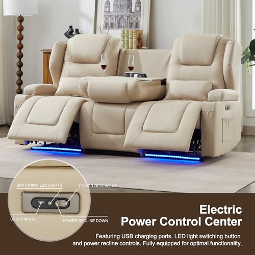 Image of DRMBOOK RV Power Loveseat Recliner Sofa, Leathaire Fabric 3-Seater Wall Hugger Reclining Sofa, Home Theater Seating Chair with Cup Holder, 3 Person Couch RV Furniture for Living Room, Beige