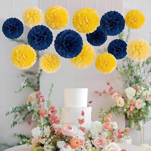 Image of XIKSXITN 12 pc Blue Yellow Tissue Paper Pom poms-Hanging Paper Pom Poms Paper Flowers Ball for Party Decorative(8&10&12 inch)