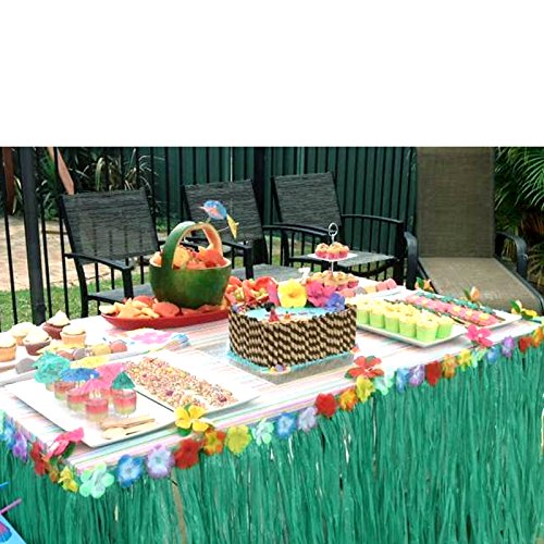 Hawaiian Table Skirt 11Ft Long Stretches To 30Ft! | (29" Tall) Green Hibiscus Luau Party Decoration | Tropical Theme Decor (1 Table Skirt) #TOP3