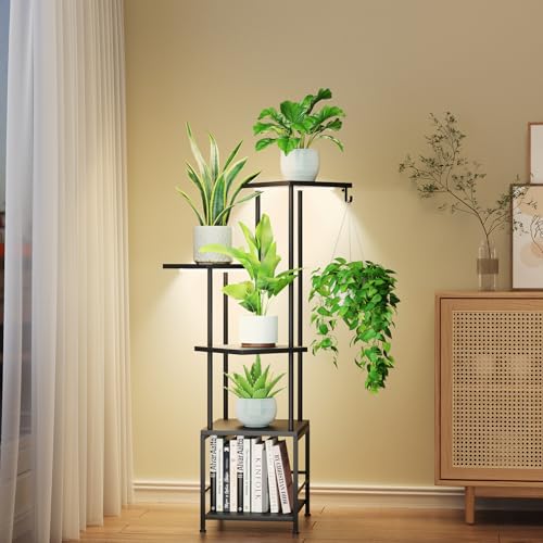 Image of Homsorout Plant Stand Indoor with Grow Light - 5-Tier Metal Plant Shelf with Hanging Basket Hook, Corner Tall Flower Holder for Multiple Plants, Living Room Balcony Garden Patio, Black