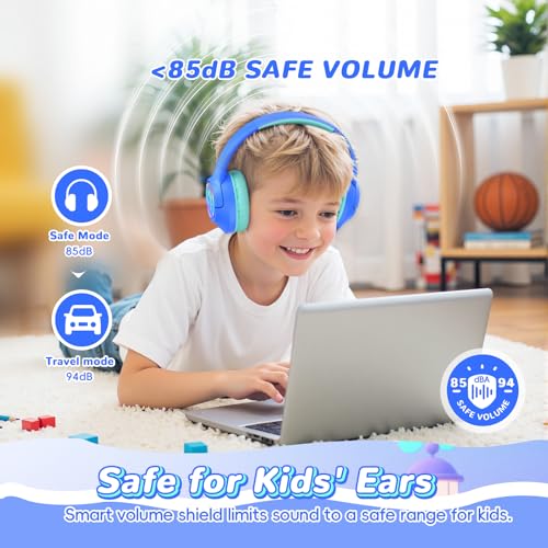 Image of Kids Bluetooth Headphones, 85H Playtime Wireless Headphones for Kids, Colorful LED Lights, 85 /94dB Safe Volume Limit, Bluetooth 5.4 Built-in Mic Toddler Headset for Tablet /Airplane /Travel (Blue)