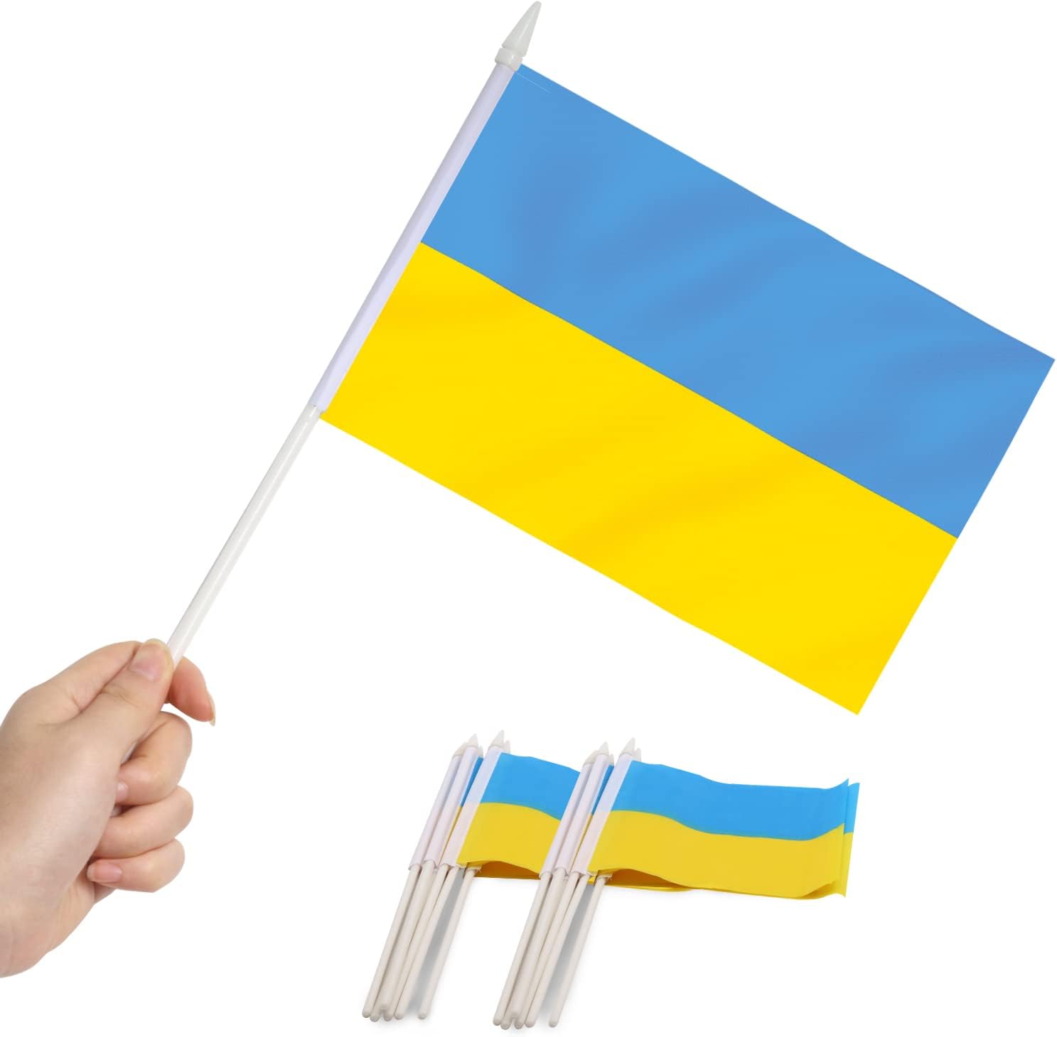 Anley Ukraine Mini Flag 12 Pack - Hand Held Small Miniature Ukrainian Flags on Stick - Fade Resistant & Vivid Colors - 5x8 Inch with Solid Pole & Spear Top