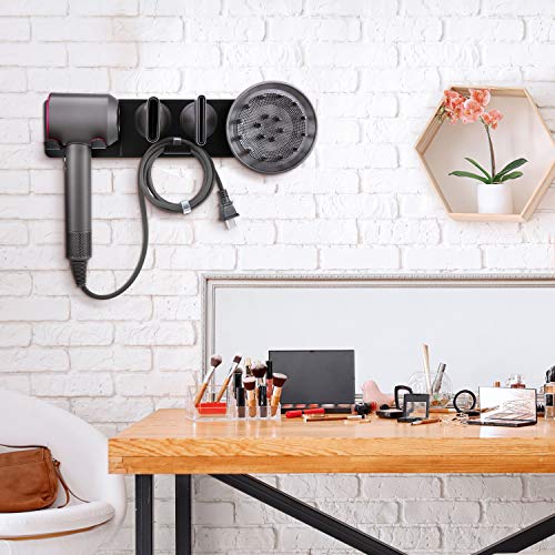 Oak Leaf 5-in-1 Hair Dryer Holder for Dyson, Wall Mount Metal Magnetic Blow Dryer Holder with Fuchsia Anti-Scratch Rubber Protection for Bathroom, Black