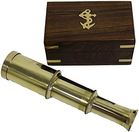 6" Solid Brass Handheld Telescope - Nautical Pirate Spy Glass with Wood Box Gift Rustic Vintage Home Decor Gifts