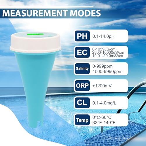 6-in-1 Wassertester mit Bluetooth & Datenspeicherung Schwimmbad-Wasserqualitätsmesser für Chlor, pH, EC (Leitfähigkeit), ORP, Salzgehalt & Temperatur, inkl. Smart-App für Pool, Hydroponik & Aquarien