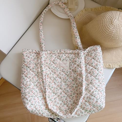 Image of Floral Quilted Cotton Shoulder Bag for Women Daily Use Medium Size Handbag Large Capacity Thickened Design Tote