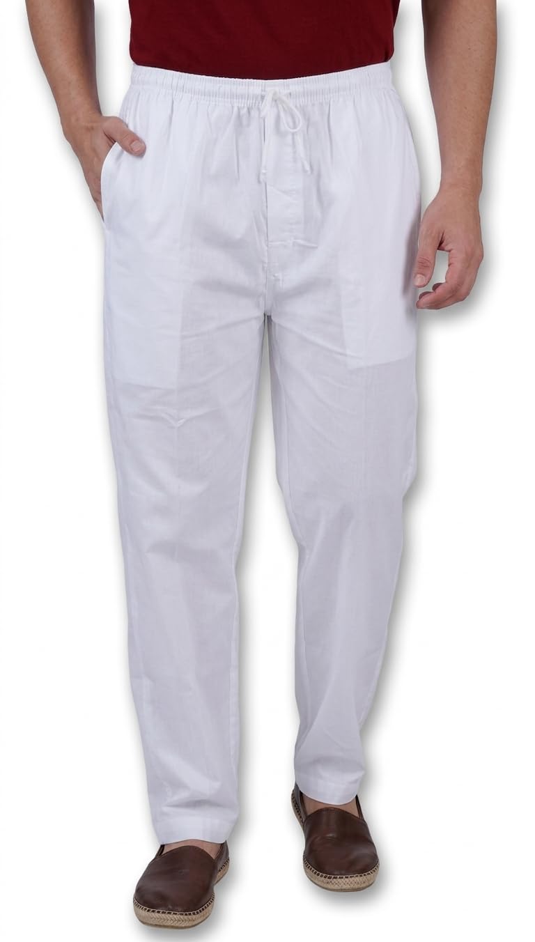 Men's White Cotton Casual Style Round Elastic Pajama with pockets & zip (XL-42) (XL-42)-image-8