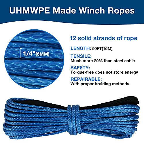 WROUGH Synthetisches Seilwinde, 0,6 cm x 15,2 m, ATV, Seilwinde, 4,5 kg, Dyneema, kinetisches Abschleppseil mit schwarzer Schutzhülle und Edelstahl-Fingerhut für UTV 4WD SUV Geländewagen