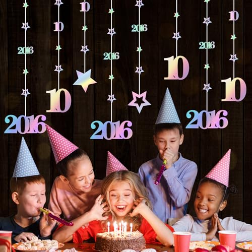 Image of Eucutur Iridescent 10th Birthday Decorations for Girls Boys, Pre-Strung Glitter Twinkle Number Vintage 2016 10 Years Old Hanging Streamer Banner Party Supplies, Double Digits 10th Bday Photo Props