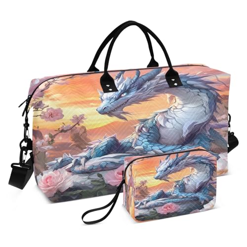 Weekender Bags Travel Duffel Gym Bag Flower Blue Dragon Carry on Overnight Tote Bag with Toiletry Bag for Airplane Travel Trip Gym Yoga