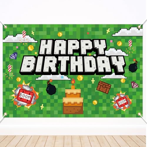 Pixel Happy Birthday Backdrop Banner 5x3ft Video Game Themed Birthday Decorations (Style 1)