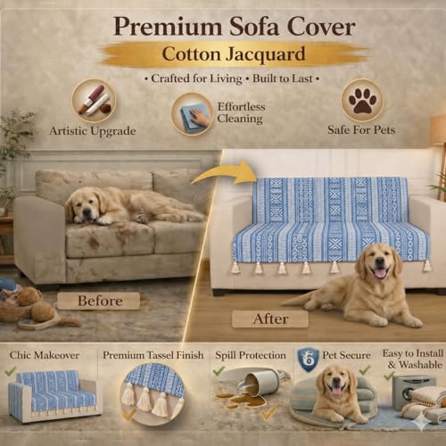 Image of STITCHNEST 'Verdant Bohemian Stories' 2 Seater Sofa Cover| Elegant Jacquard Fabric, Decorative Tassels, Washable & Durable for Modern Living