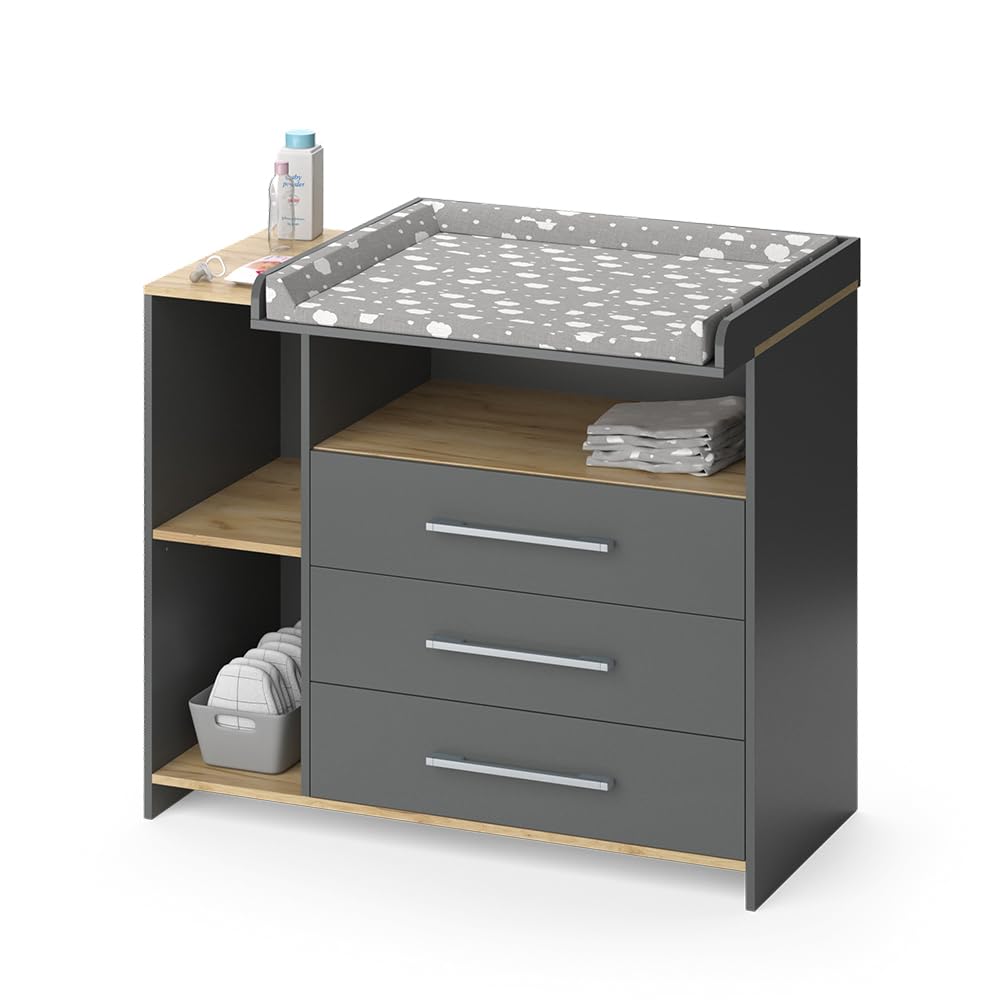 Vicco Cambiador Oskar, Antracita/Roble Dorado, 113 x 93 cm con 3 cajones, Convertible en cómoda Gracias al Cambiador extraíble