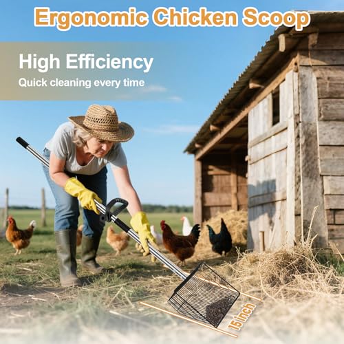 Image of 15 inch Chicken Poop Scooper & Rake, Metal Chicken Coop Scoop for Poop with 24 to 68 inch Adjustable Stainless Steel Handle, Litter Scooper Sifting Shovel Chicken Coop Accessories
