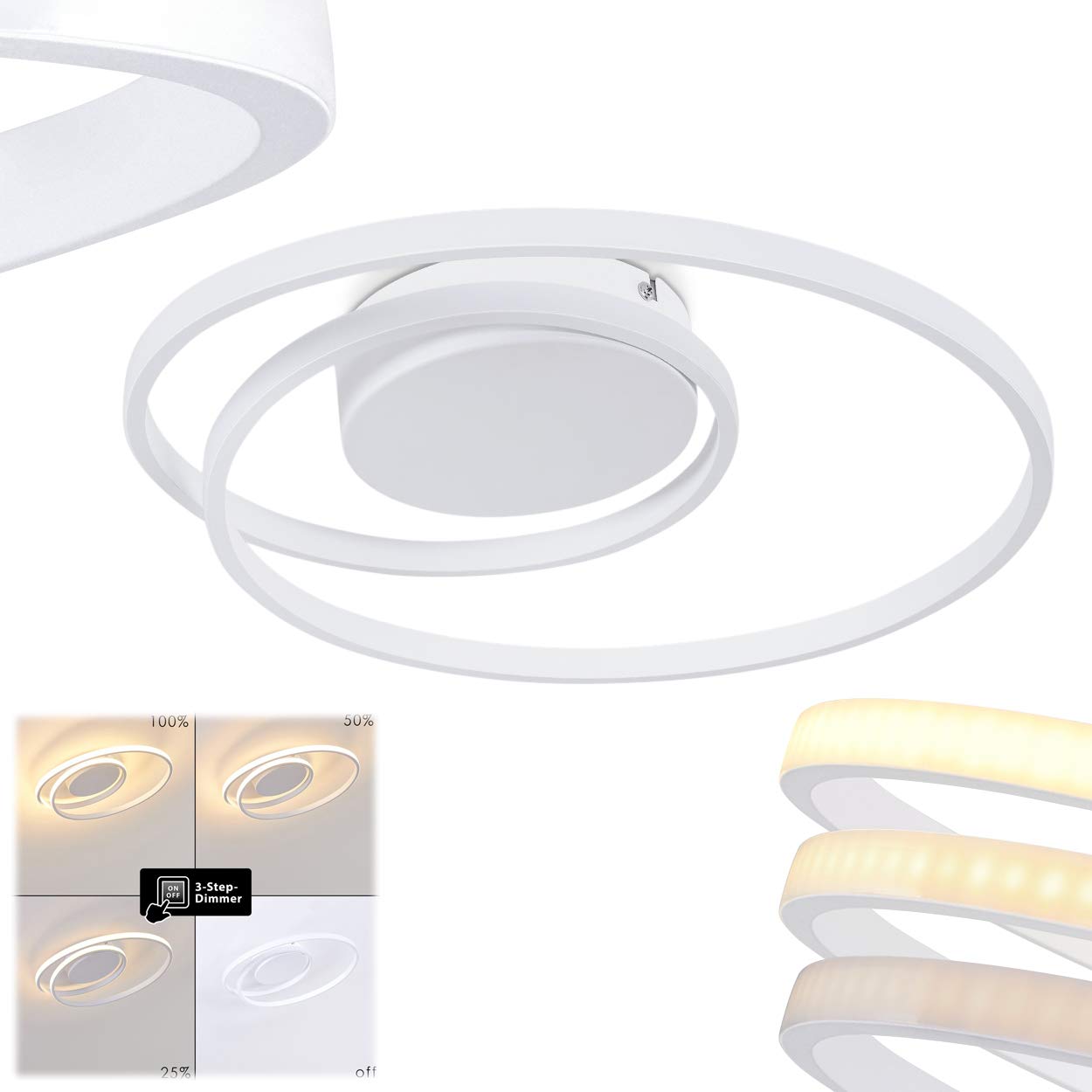 HOFSTEIN LED Deckenleuchte Leksund, dimmbare Deckenlampe aus Metall in Weiß mit Lichteffekt, dimmbar über Lichtschalter, max. 24 Watt, 2200 Lumen, 3000 Kelvin, Esszimmer, Wohnzimmer, Schlafzimmer