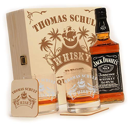 polar-effekt Whisky Geschenkset personalisiert - Jack Daniels No.7 Flasche - 2 Untersetzer - 2 Whiskygläser mit Gravur - Männergeschenk