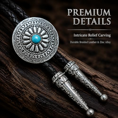 Image of Turquoise Bolo Tie for Men, Leather Braided Necktie Western Cowboy Bola Tie Costume Accessories for Men Women