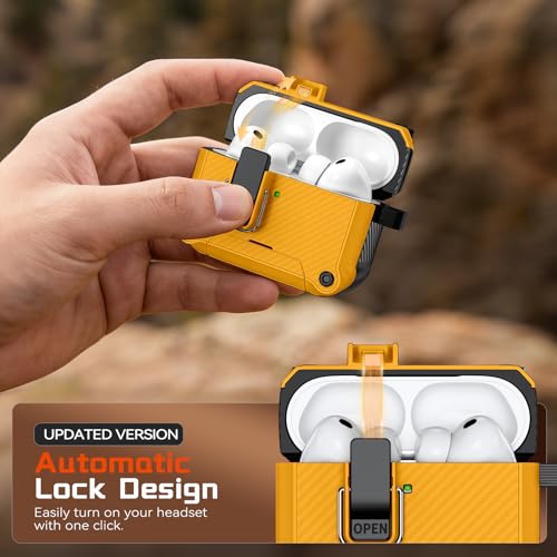 Image of Inesore for AirPods Pro 3 Case with Secure Lock (Yellow) | Phone Stand Design,Compatible with MagSafe,Automatic Snap Switch Secure Cover Carbon Fiber Texture with Cleaner Kit