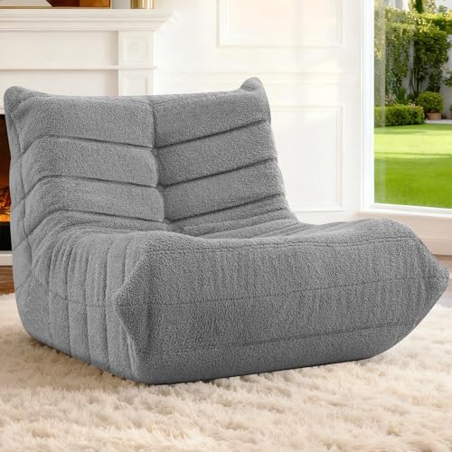 HABUTWAY Bean Bag Chairs Fireside Lazy Floor Sofa, Soft Teddy Fleece Bean Bag Sofa with High-Resilience Foam Filling,Beanbag for Living Room, Bedroom, Office(Light Gray Teddy)