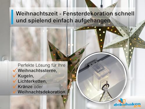 dekondo - 10x Fensterhaken Dekohaken Dekoklipp Fensterclip für Fensterdekoration - Klemmbereich: 10-27mm UNIVERSAL, Aufhänger Fensterdeko, transparent