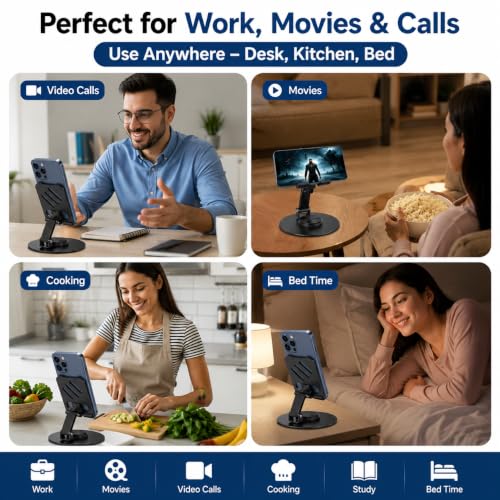 Image of Metal Mobile Phone Stand for Desk | Adjustable 360 Degree Rotating Foldable Holder for iPhone Android Smartphones | Anti Slip Stand for Video Calls Office Work