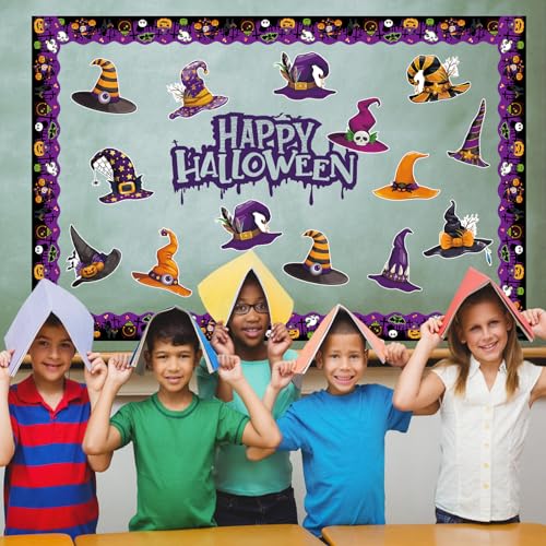 Image of 48 Pcs Halloween Cutouts, Cute Witch Hat Cutouts Halloween Bulletin Board Decorations Witch Hat Paper Cut-Outs for Home School Trick or Treat Party Chalkboard Wall Decor