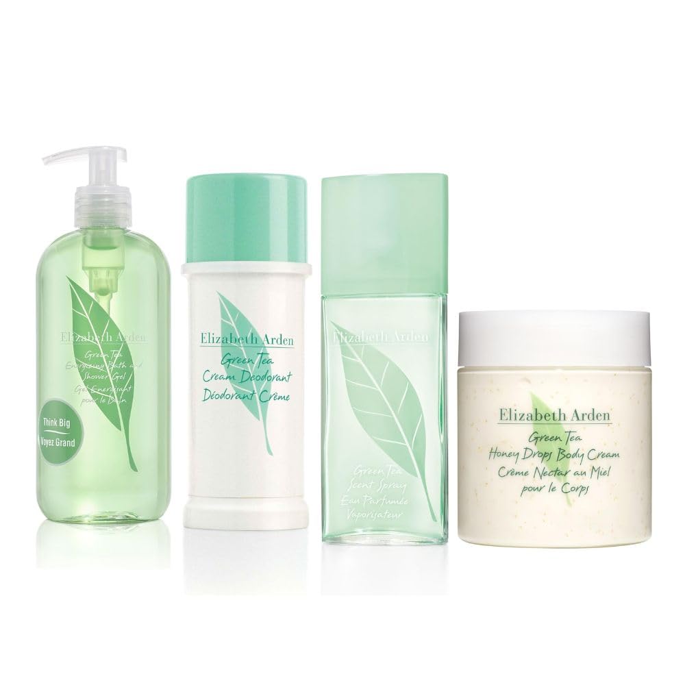 GREEN TEA ROUTINE: Honey Drops, Crema Corpo, 500 ml + Gel Bagno e Doccia, 500 ml + Crema Deodorante, 40ml + Eau Parfum, Profumo Femminile con Essenze Naturali di Tè Verde e Bergamotto, 100 ml
