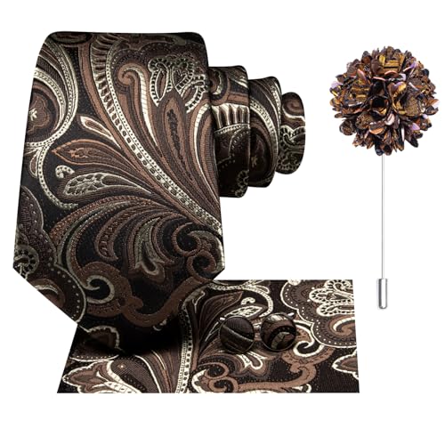 Image of Hi-Tie Men Silk Ties Set with Flower Lapel Pin Necktie Pocket Square Cufflinks for Tuxedo Wedding Business