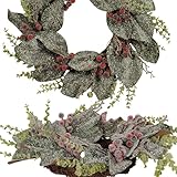 Pudate 22-Inch Winter Spring Magnolia Wreath with Red Berries- Door Wreath for Indoor Outdoor, Winter Spring Decor for Front Door, Fireplace, or Wall Display