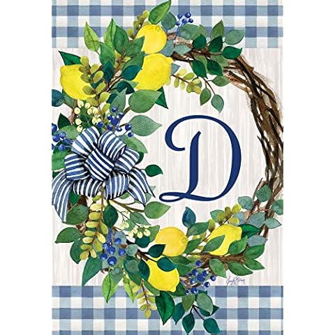 CUSTOM DECOR, INC. Lemon Wreath Letter D Embroidered Monogram - Decorative Double Sided Flag - Garden Size - 12 Inch X 18 Inch - Licensed, Copyright & Trademark CDI. USA Cover