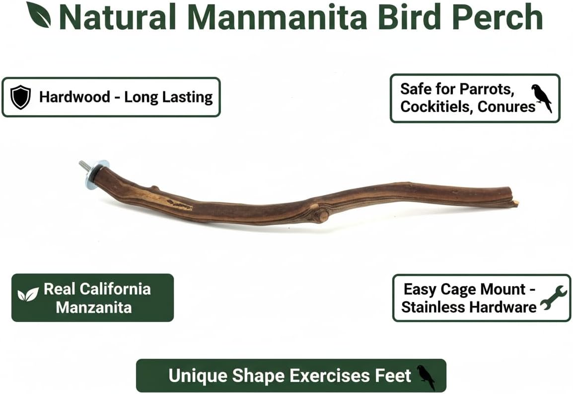 My Manzanita 32" Natural Manzanita Bird Perch for Parrots - Chewable Foot Health Cage Accessory, Chemical-Free Hardwood, Stainless Hardware USA