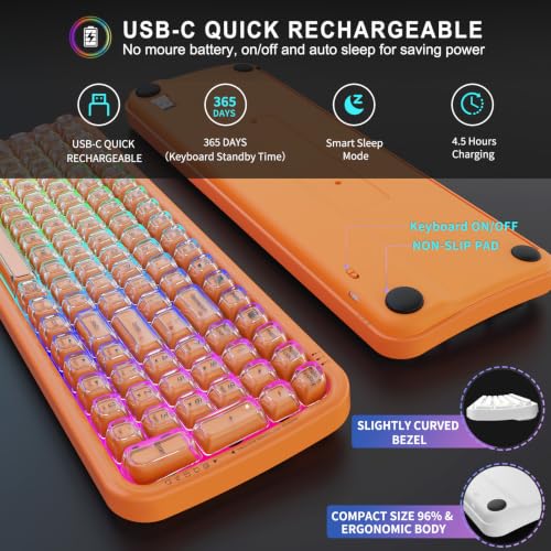 Image of FOPETT Wireless Computer Keyboard with RGB Backlit, Tri-Mode Bluetooth 5.0 /USB-C /2.4GHz Ergonomic Gaming Keyboard - Full-Size Rechargeable Transparent Keycap for Laptop /Windows /PC - Orange